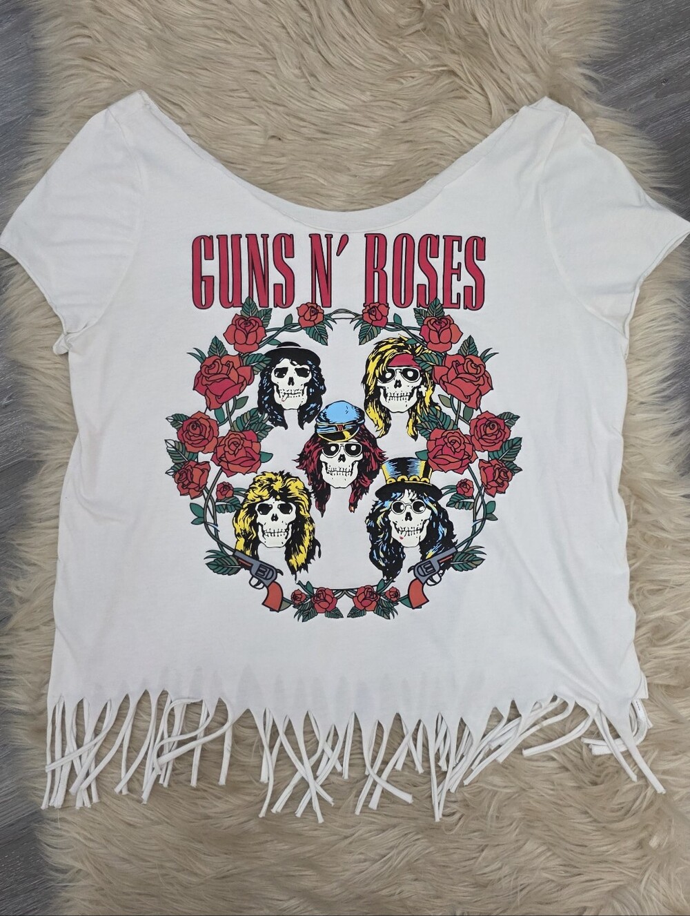 Guns N Roses Boatneck White Graphic Fringe Tee